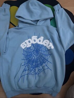 Light Blue Crewneck Sweater with Blue Sp5der Web Graphic